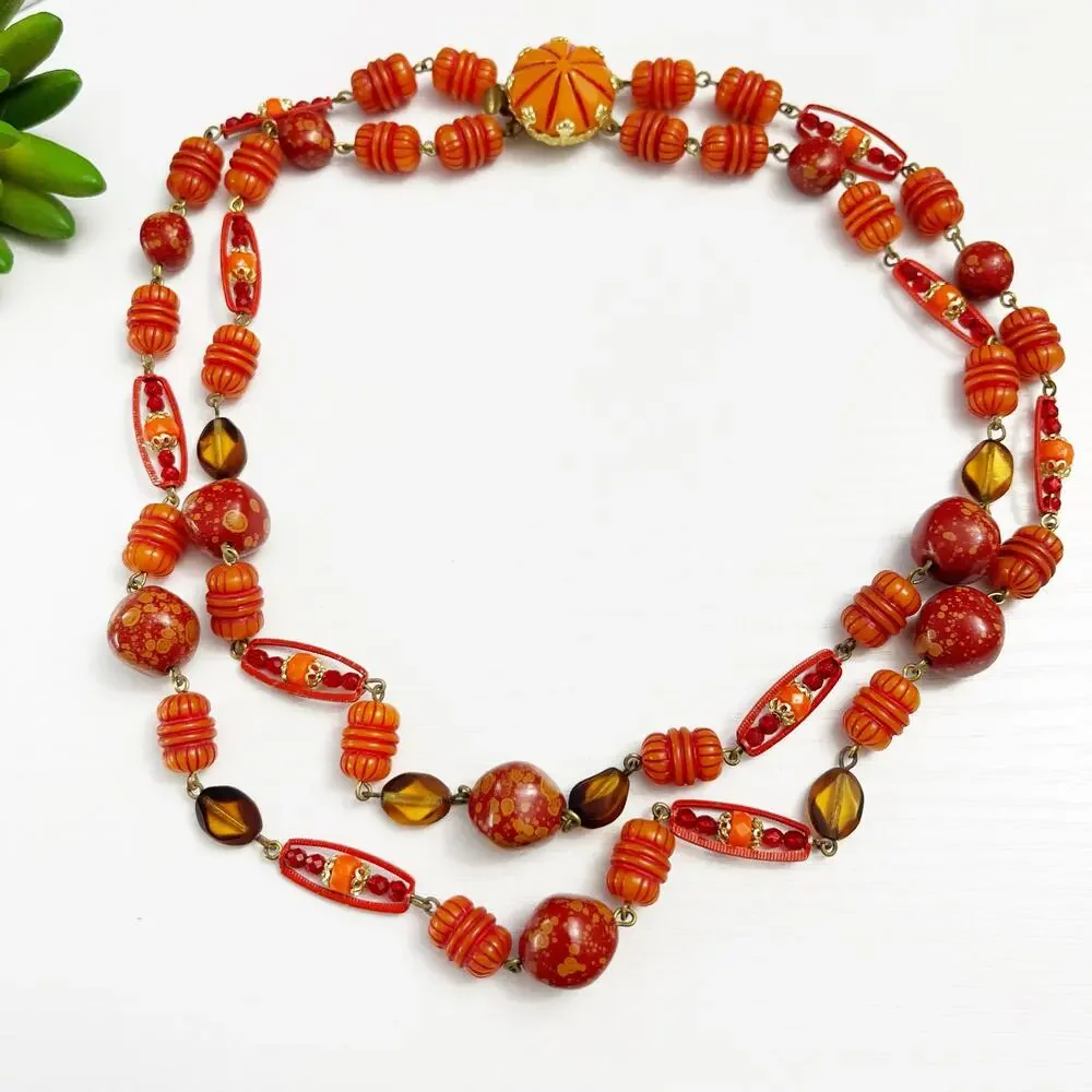 West Germany Vintage Celluloid Orange & Red Beaded Double Strand Necklace